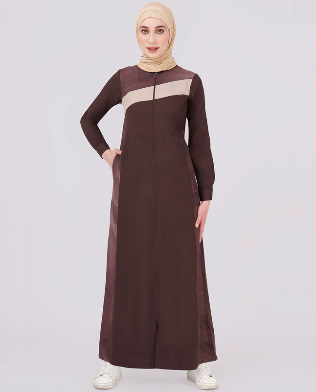 Diagonal Print Full Front Open Brown Jilbab