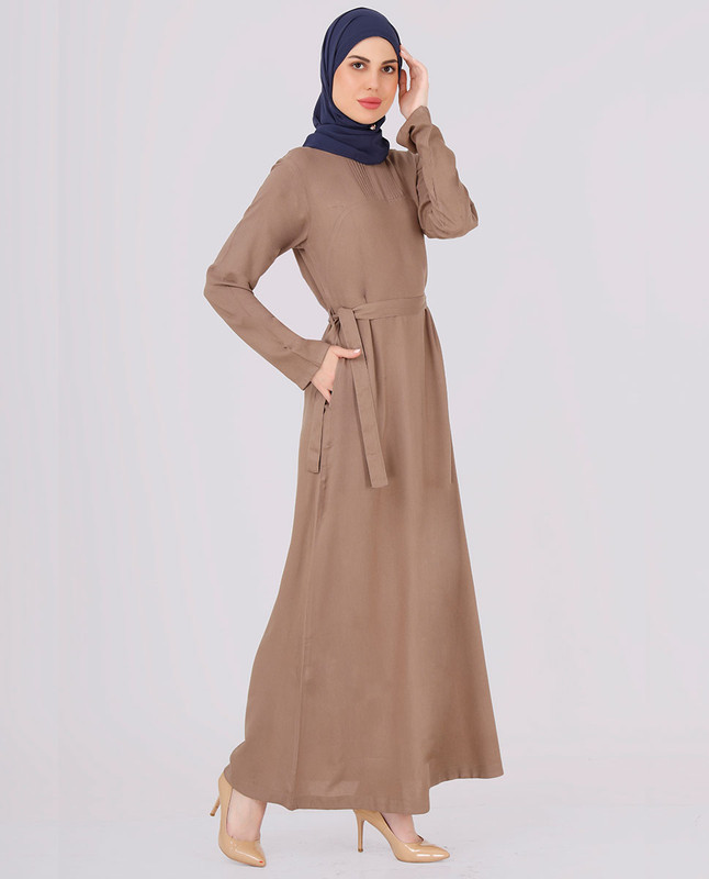 Khaki Brown Belted Rayon Abaya