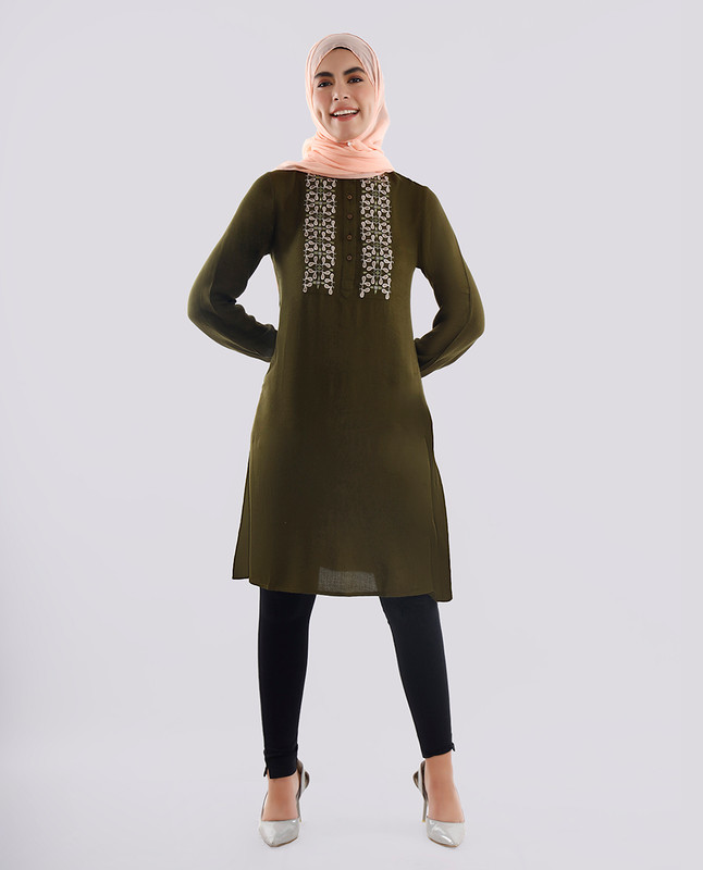 Ripe Olive Embroidered Rayon Top