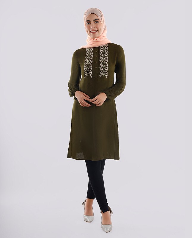 Ripe Olive Embroidered Rayon Top