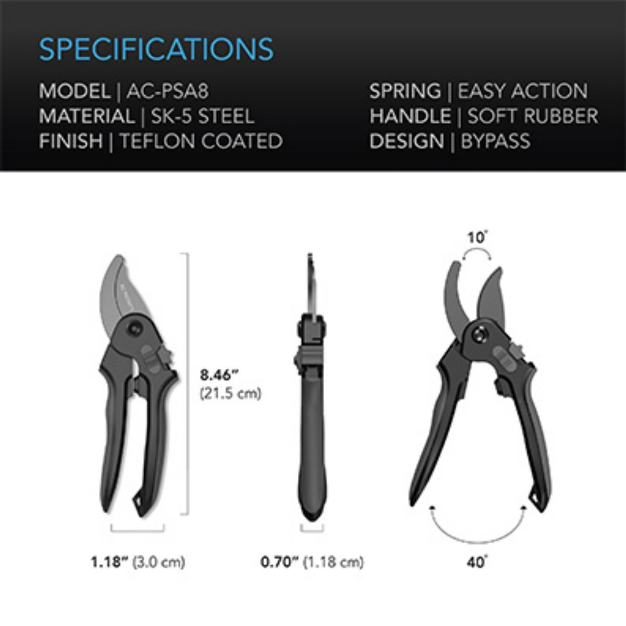 Stainless Steel Pruning Shear 8"  (20 cm), Bypass Blades Stainless Steel Pruning Shear 8"  (20 cm), Bypass Blades