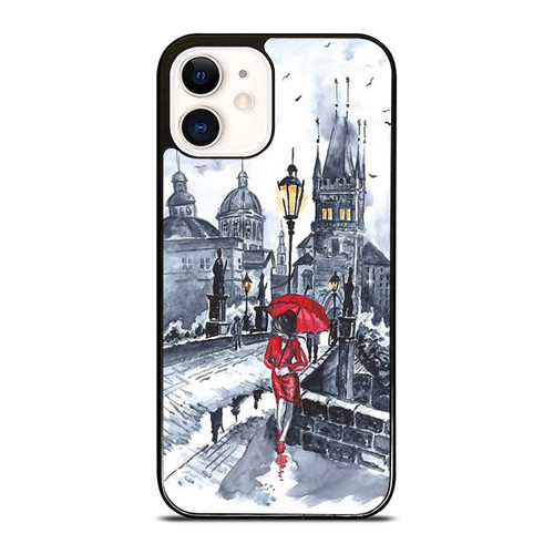 Watercolor Painting Red Drop Black White Umbrella Prague iPhone 12 Mini / 12 / 12 Pro / 12 Pro Max Case Cover