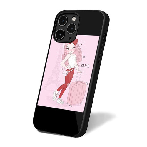 Hand Drawn Cute Girl With Suitcase In Paris With Typography iPhone 16 Case Cover