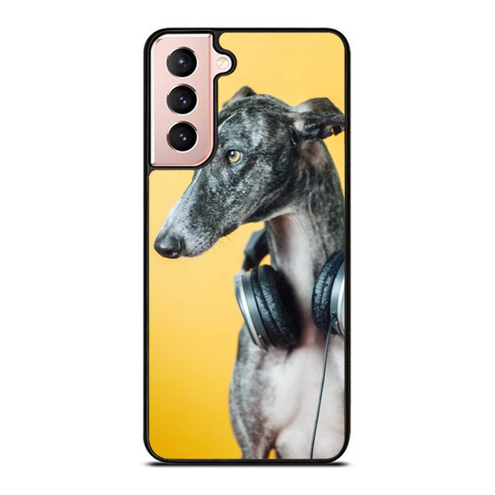 A Greyhound With Headset On Orange Background Samsung Galaxy S21 / S21 Plus / S21 Ultra Case Cover