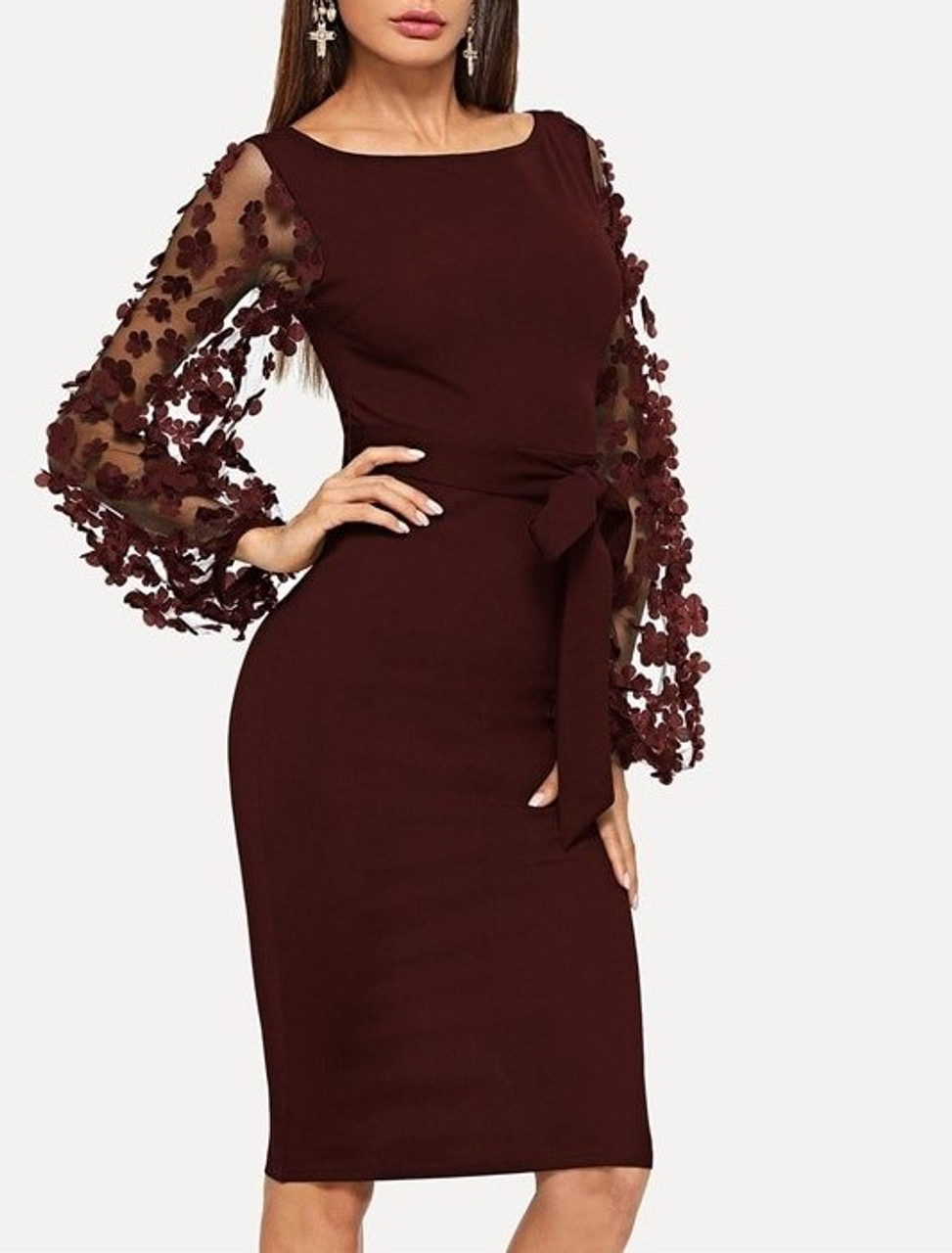 Flower Applique Sheer Sleeve Dress