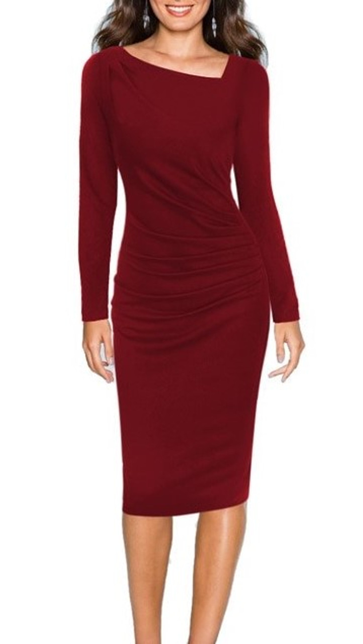 Red Women Dress Long Sleeved Dress Asymmetric Dress Knee 
