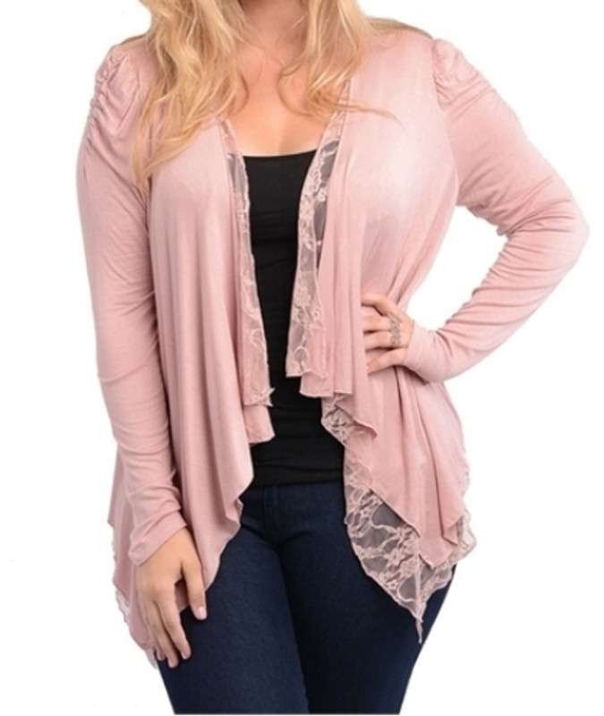 Rose Plus Size Long Sleeve Cardigan With Lace Detail