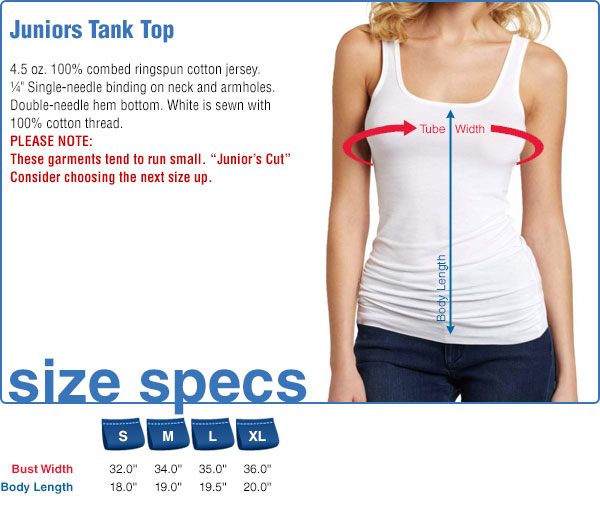 Juniors Tank Top T-Shirt Size Specifications