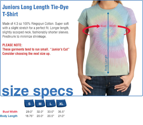 Long Length Tie-Dye T-Shirt Size Specifications