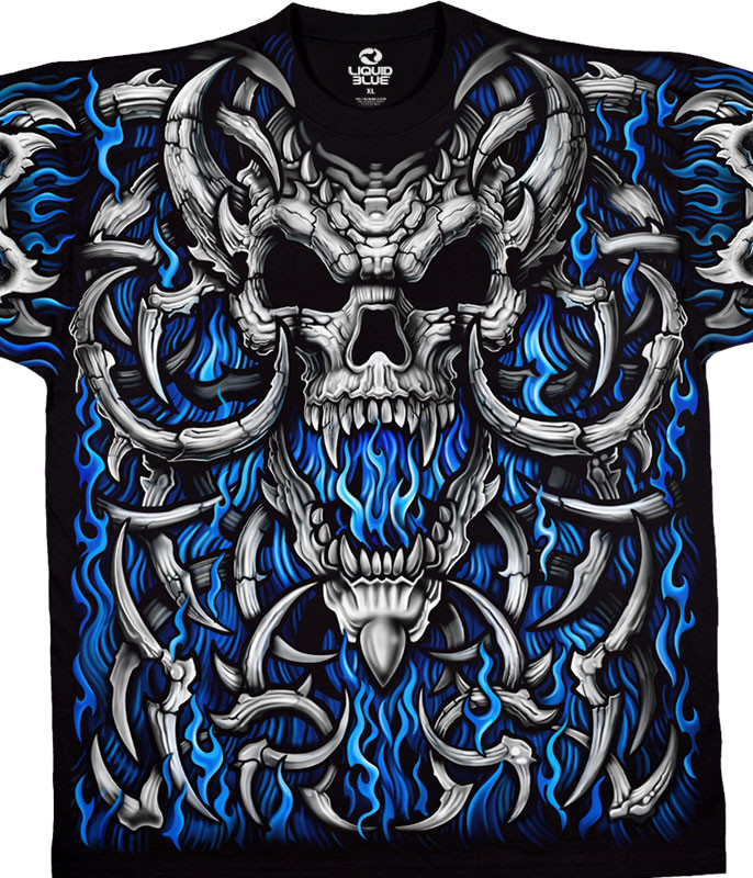 Skulls Blue Flame Skull Black T-Shirt 