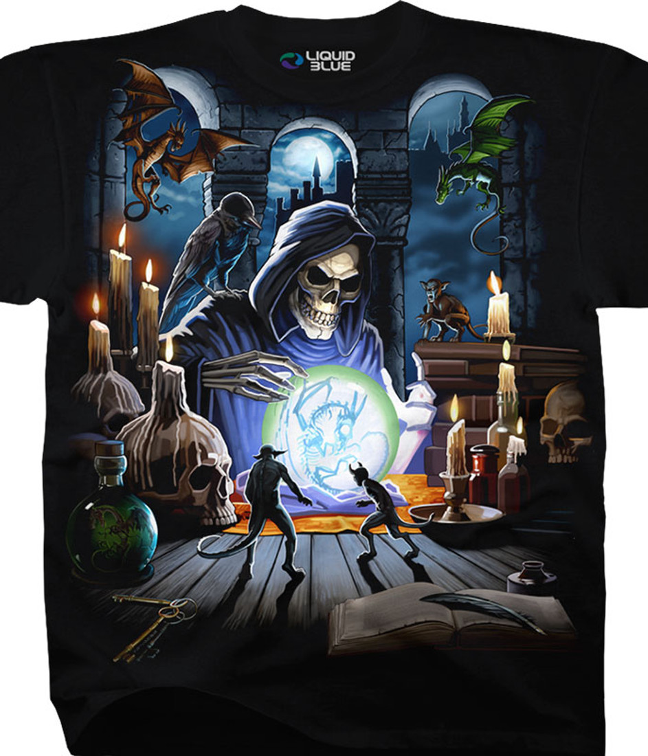 Dark Fantasy Reaper Spell Black T-Shirt Tee Liquid Blue