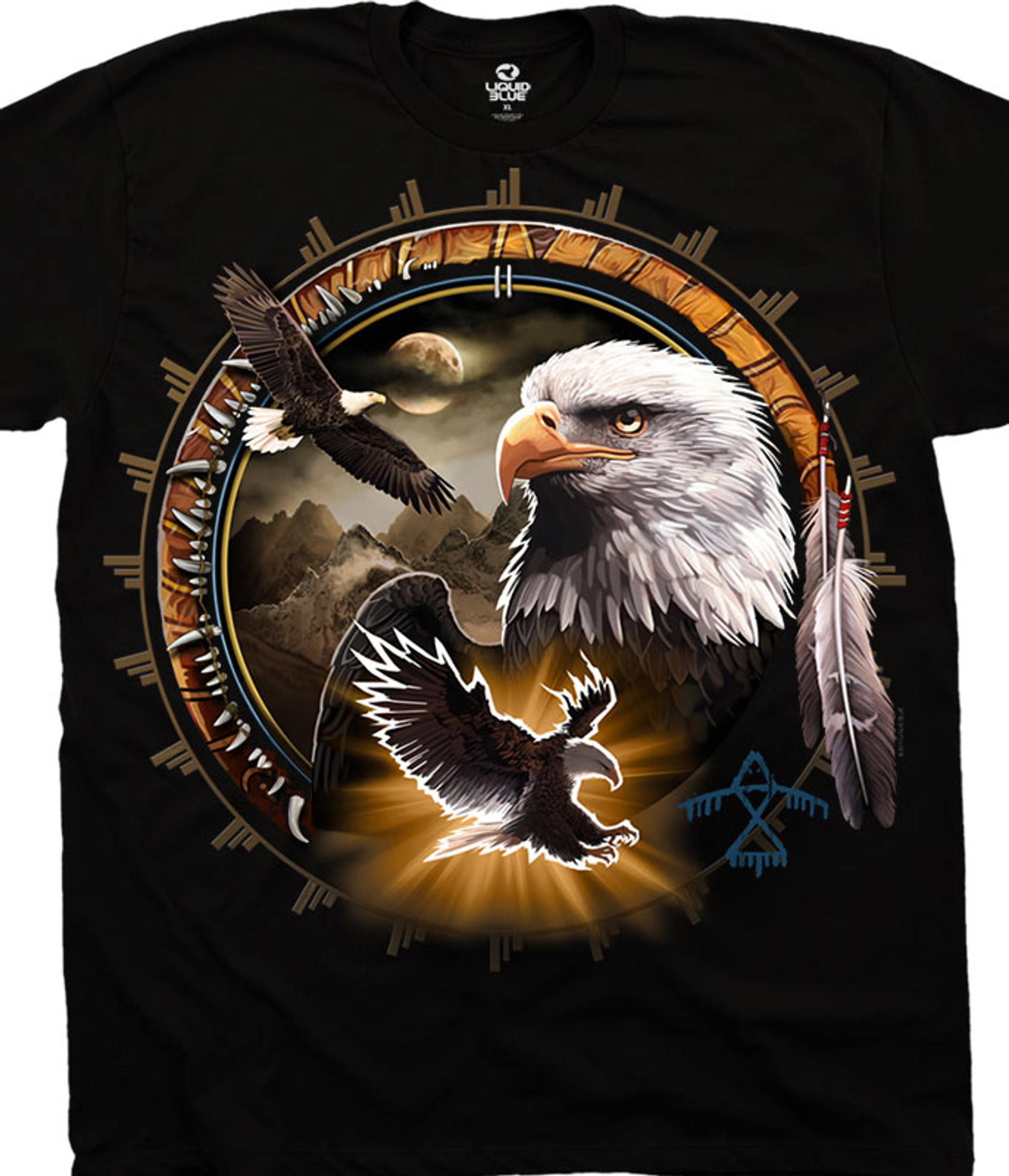 American Wildlife Eagle Dreamcatcher Black T Shirt Tee Liquid Blue