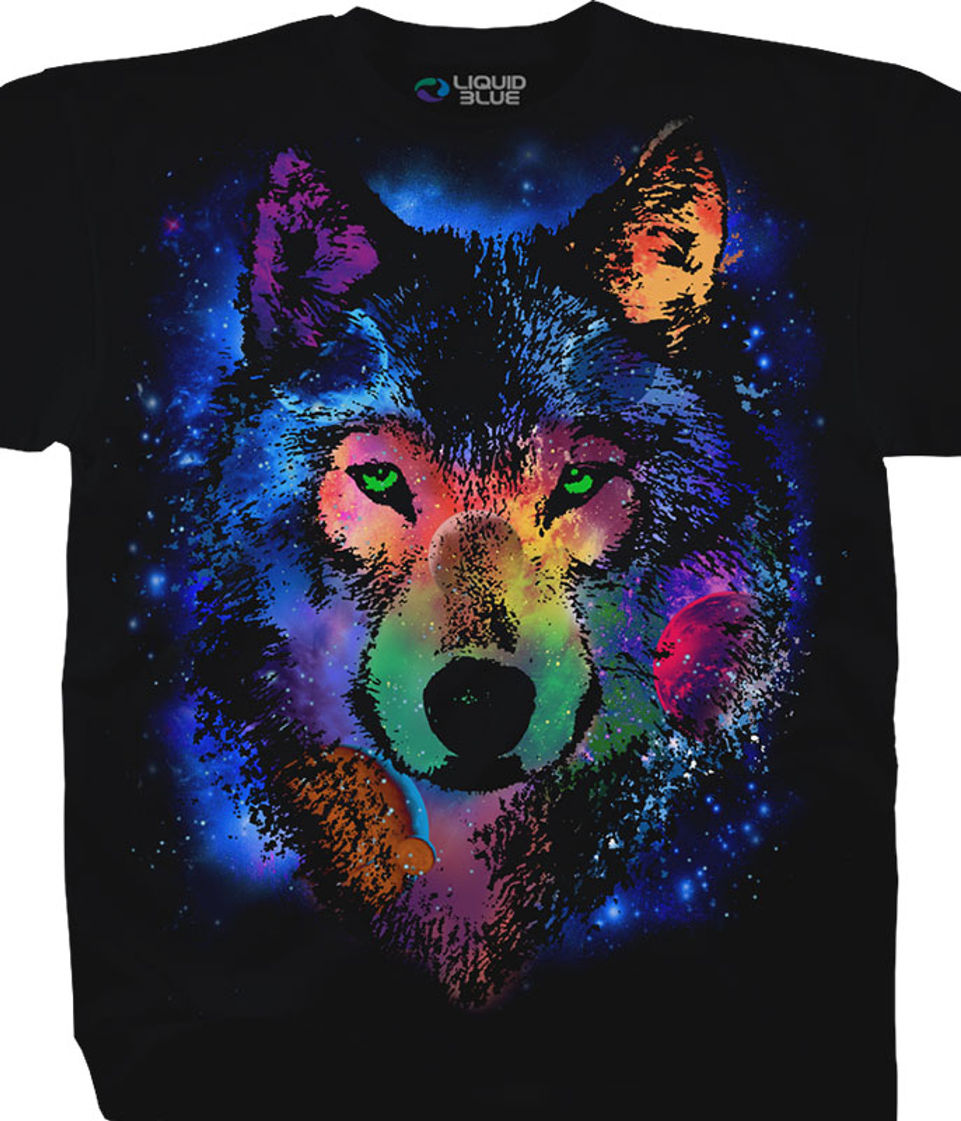 American Wildlife Cosmic Wolf Black T-Shirt Tee Liquid Blue