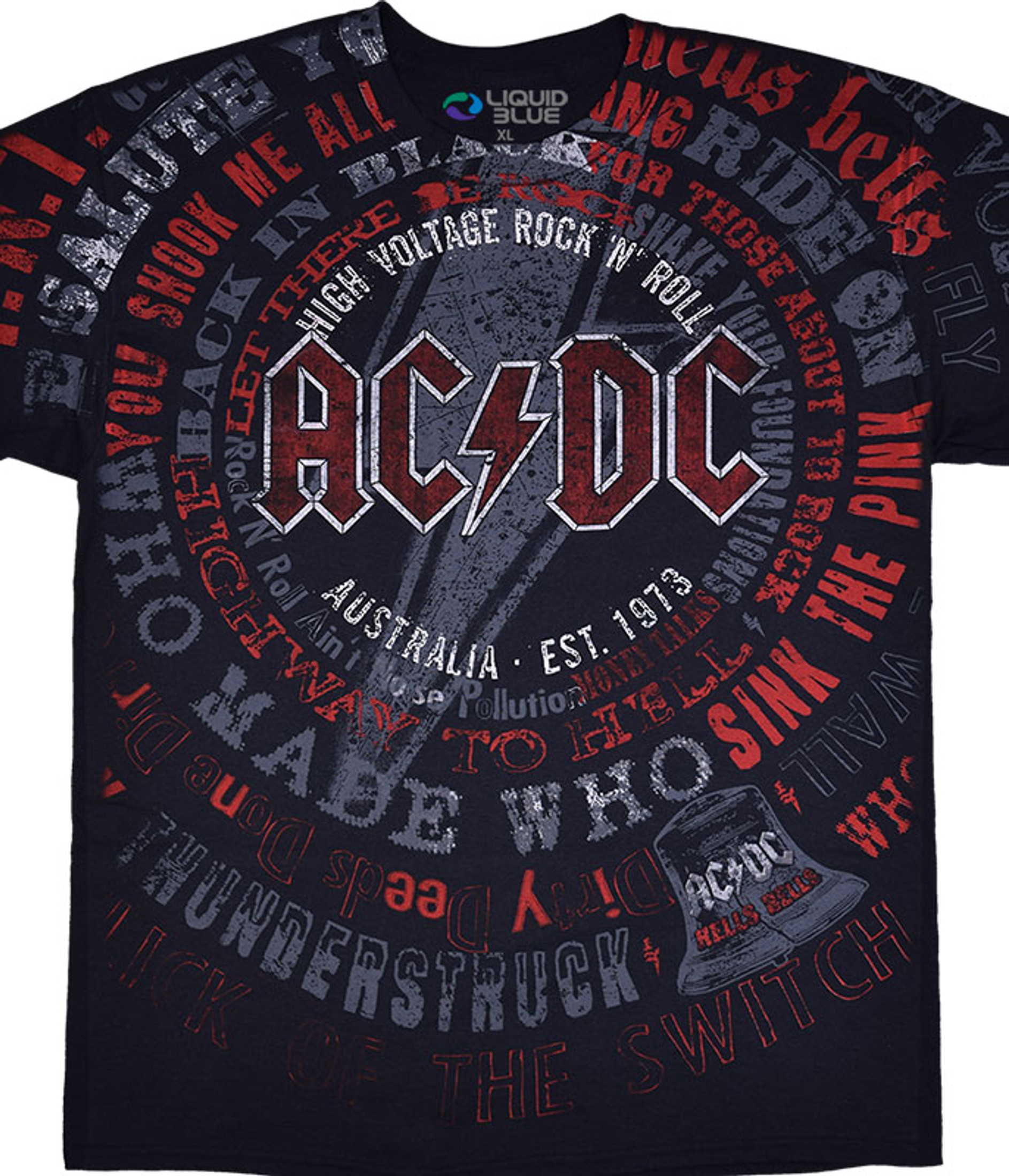 AC/DC Songs Black T-Shirt Tee Liquid Blue