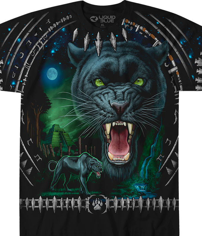 Exotic Wildlife Tribal Panther Black T-Shirt Tee Liquid Blue