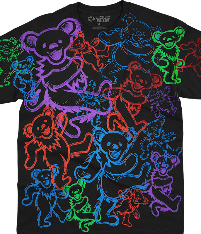 Grateful Dead Rainbow Bears Black T-Shirt Tee Liquid Blue