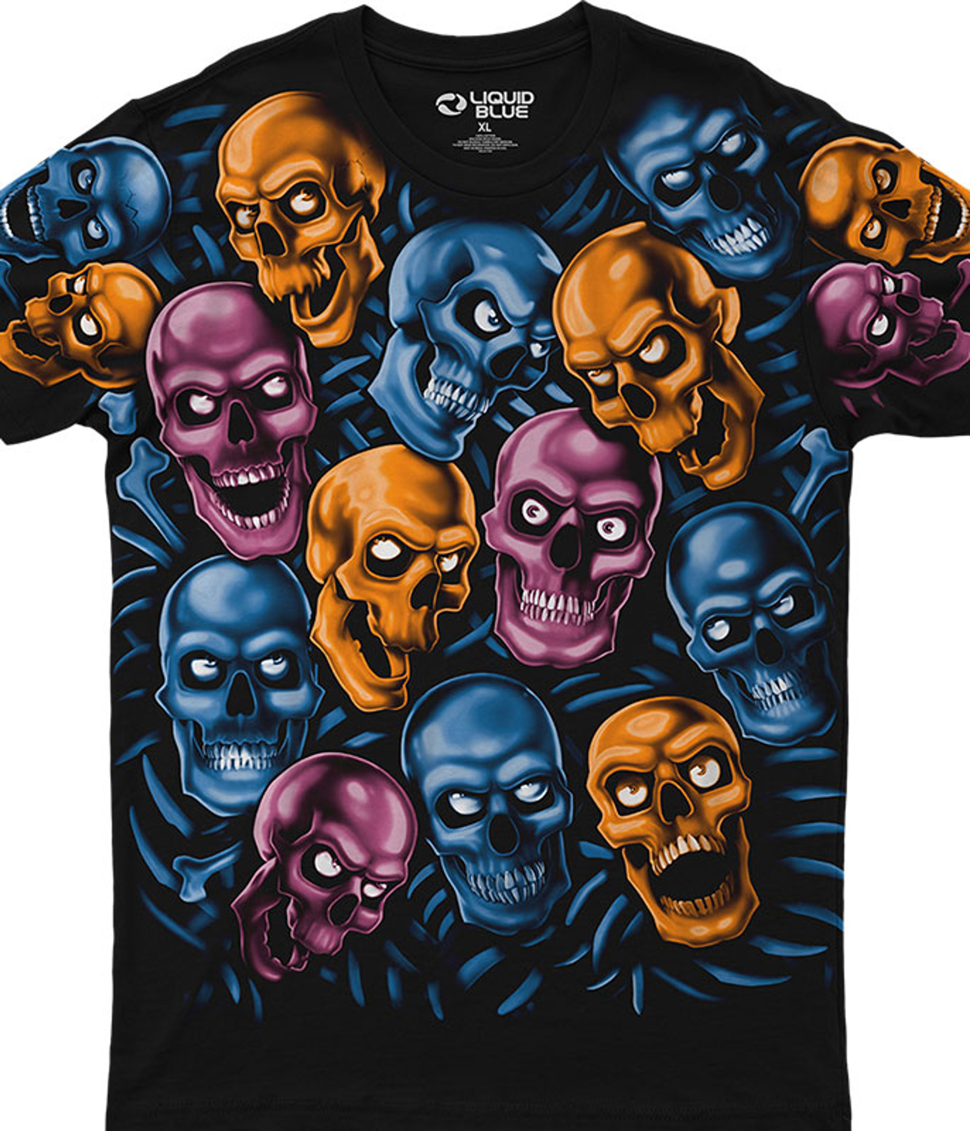 Skulls Skull Pile Blue Pink Orange Black Athletic T-Shirt Tee