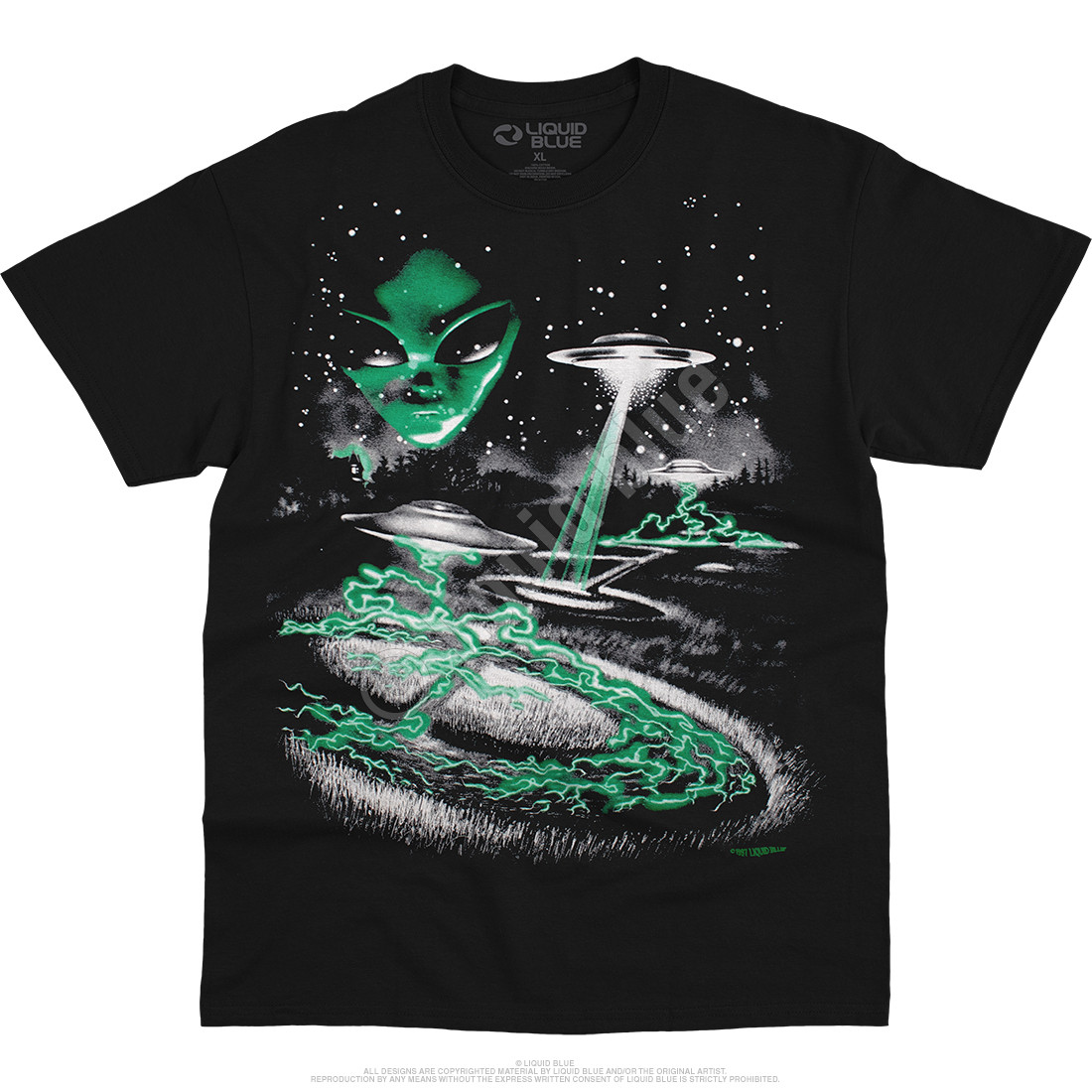 Space Alien Invasion Black T-Shirt Tee Liquid Blue