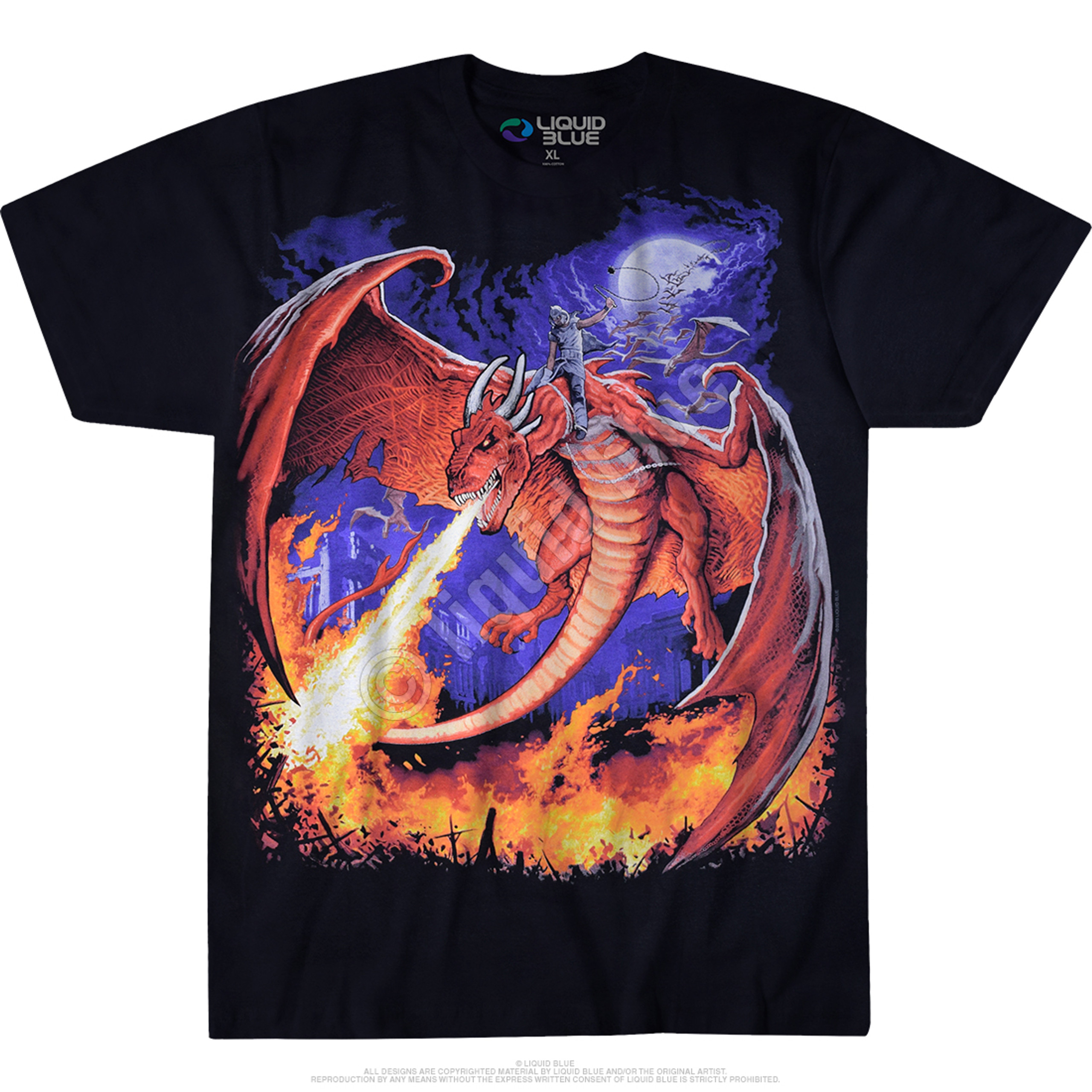 Dark Fantasy Dragon Fire Black T-Shirt Tee Liquid Blue