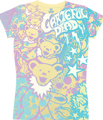 Grateful Dead Bubble Gum Bears Yellow Juniors Long Length T-Shirt Tee Liquid Blue