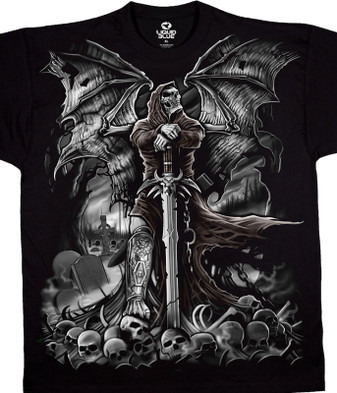 Dark Fantasy Gravestone Reaper Black T-Shirt Tee Liquid Blue