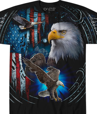 Exotic Wildlife Tribal Eagle Black T-Shirt Tee Liquid Blue