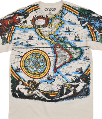 Old World Map Tan T-Shirt Tee Liquid Blue