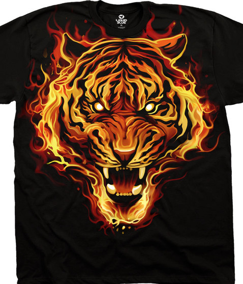Dark Fantasy Fire Tiger Black T-Shirt Tee Liquid Blue