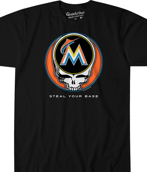 MLB Miami Marlins GD Steal Your Base Black Athletic T-Shirt Tee Liquid Blue