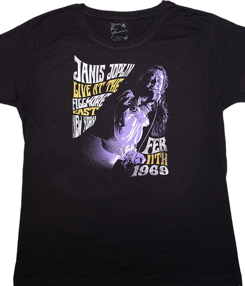 Janis Joplin Fillmore East 68 Womens Long Length Black T-Shirt Tee Liquid Blue