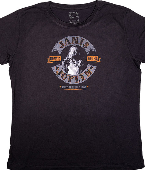 Janis Joplin Kozmic Blues Womens Long Length Black T-Shirt Tee Liquid Blue
