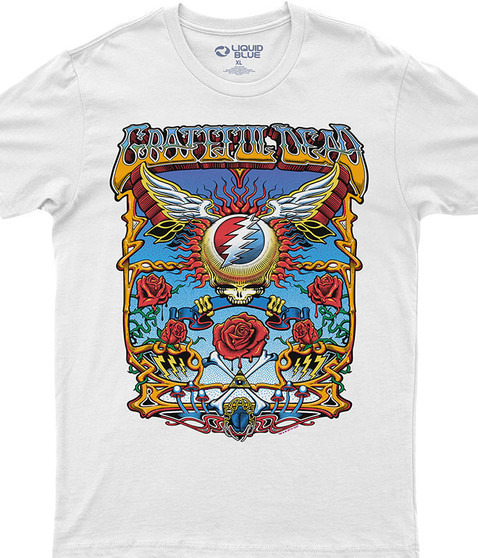 Grateful Dead Flying SYF White Athletic T-Shirt Tee Liquid Blue