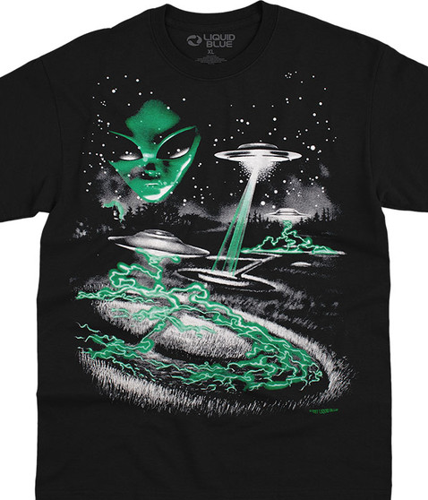 Space Alien Invasion Black T-Shirt Tee Liquid Blue