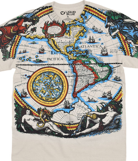 Old World Map Tan T-Shirt Tee Liquid Blue