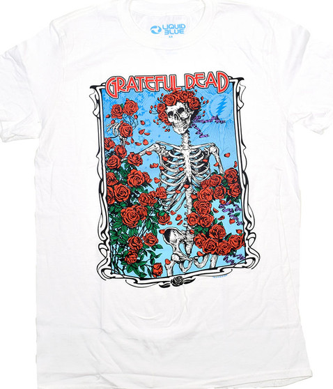 Grateful Dead Bertha Wheel And Roses Clearance White T-Shirt Tee Liquid Blue