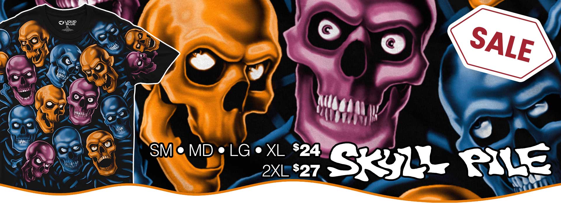 On-Sale Skull Pile Blue Pink Orange all over printed black tee! S-2XL from $24