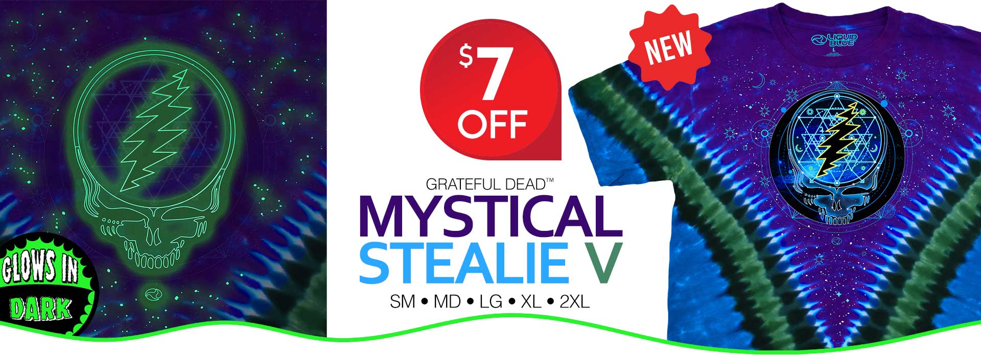 $7 OFF NEW Grateful Dead "Glow in the Dark" Mystical Stealie V Tie-Dye Tee sizes S-2XL 