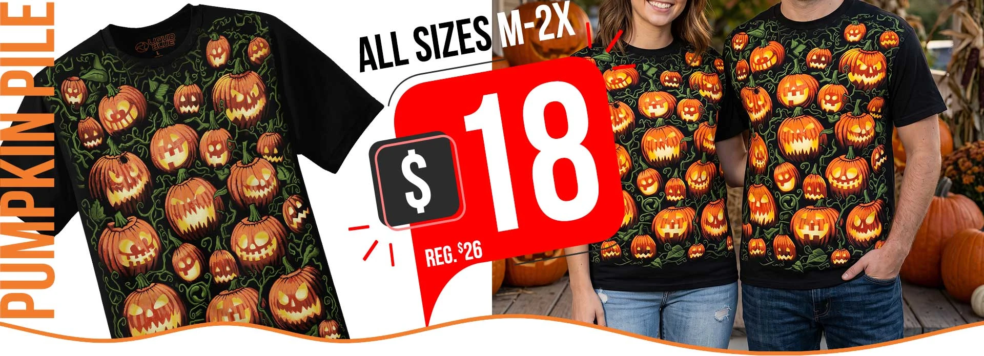 Halloween Pumpkin Pile Black Tee just $18 any size M-2XL!