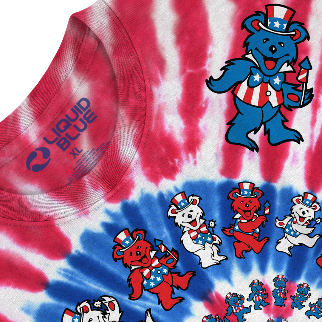 4th of July Spiral Patriotic Bears Tie-Dye T-Shirt Tee Liquid Blue