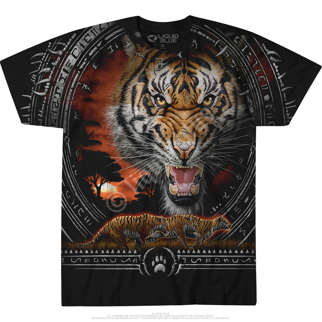 Liquid Blue Tiger Face Black T-Shirt