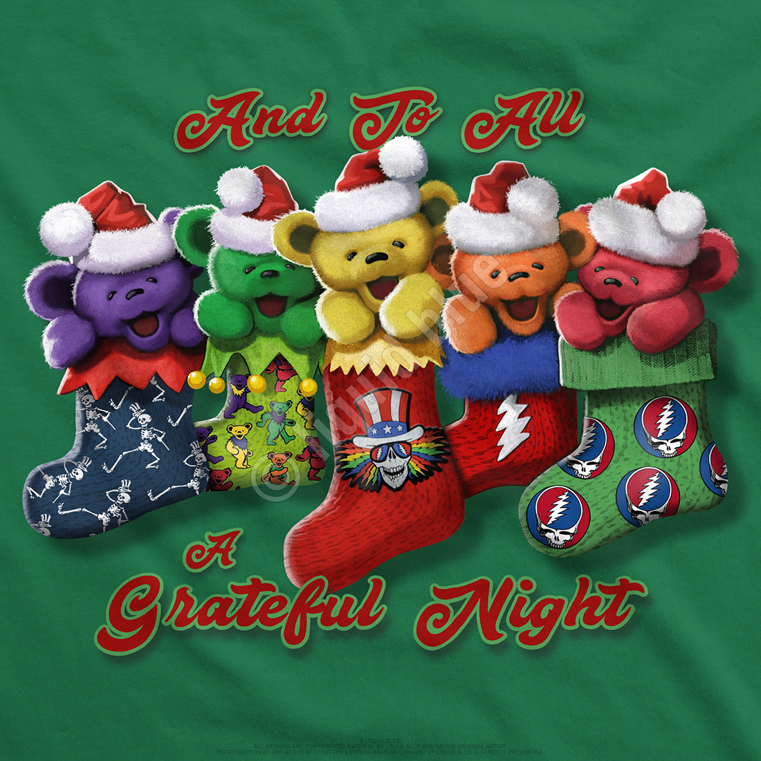 Grateful Dead Xmas Stocking Bears Green T-Shirt Tee Liquid Blue