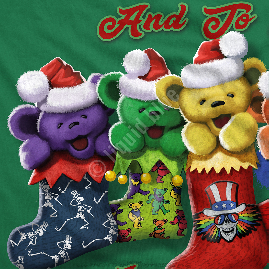 Grateful Dead Xmas Stocking Bears Green T-Shirt Tee Liquid Blue