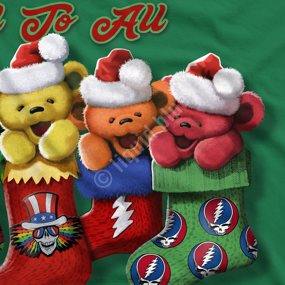 Grateful Dead Xmas Stocking Bears Green T-Shirt Tee Liquid Blue