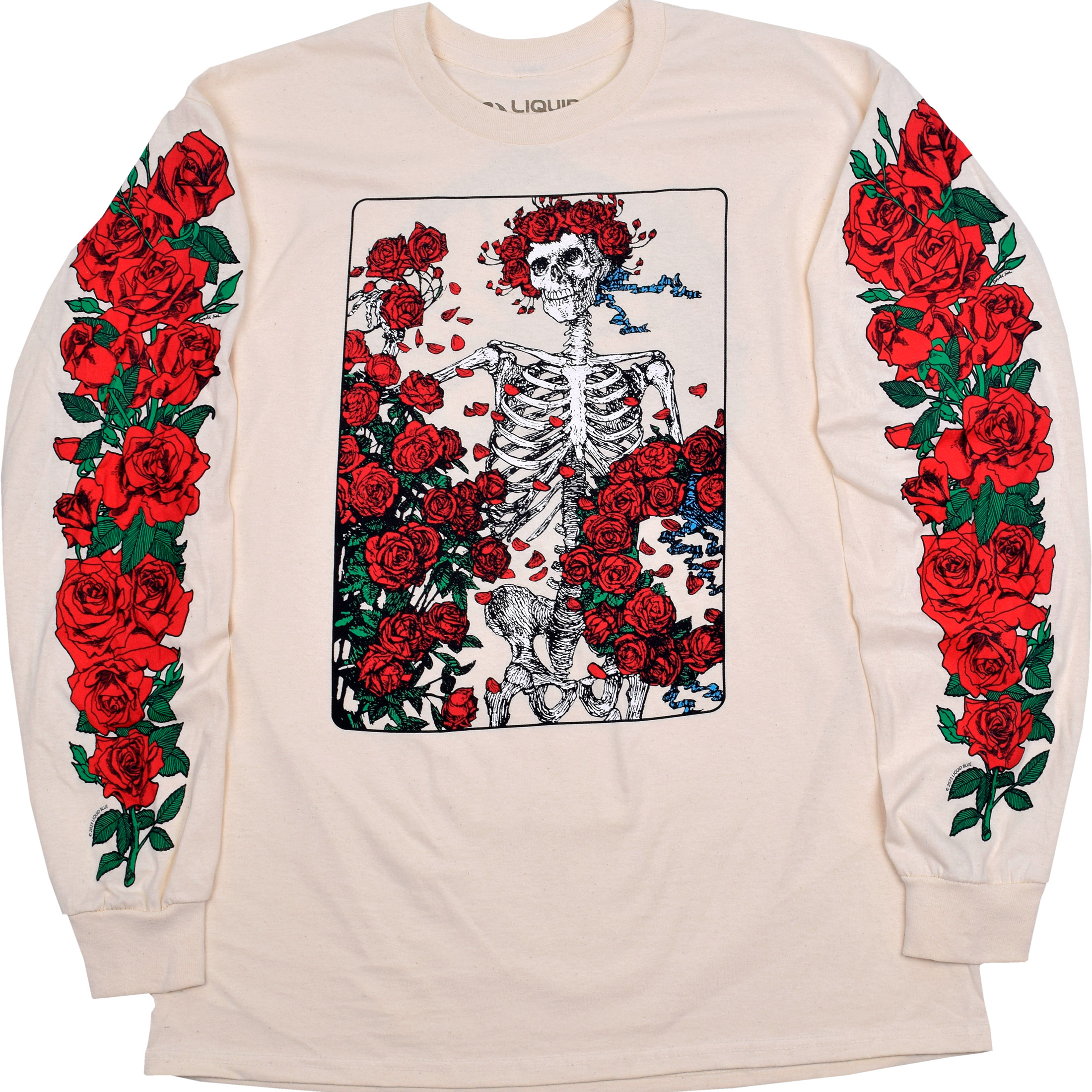 Liquid Blue Woodcut Wheel & Roses Long Sleeve Natural T-Shirt - XL