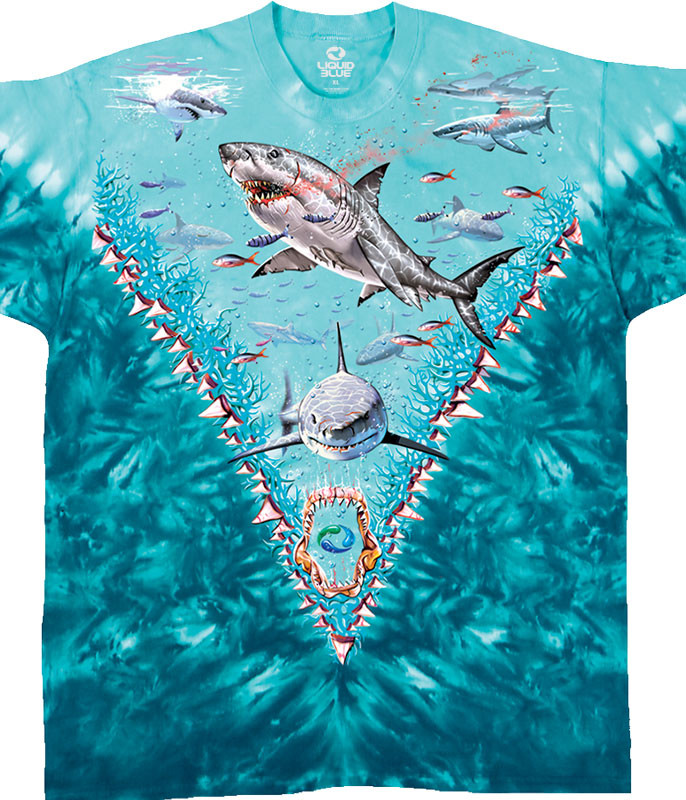Aquatic Great White Sharks Tie-Dye T-Shirt Tee Liquid Blue