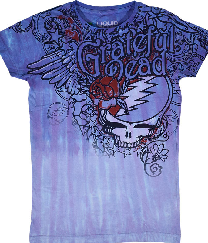 Grateful Dead Dead Flowers Tie-Dye Juniors Long Length T-Shirt Tee Liquid Blue