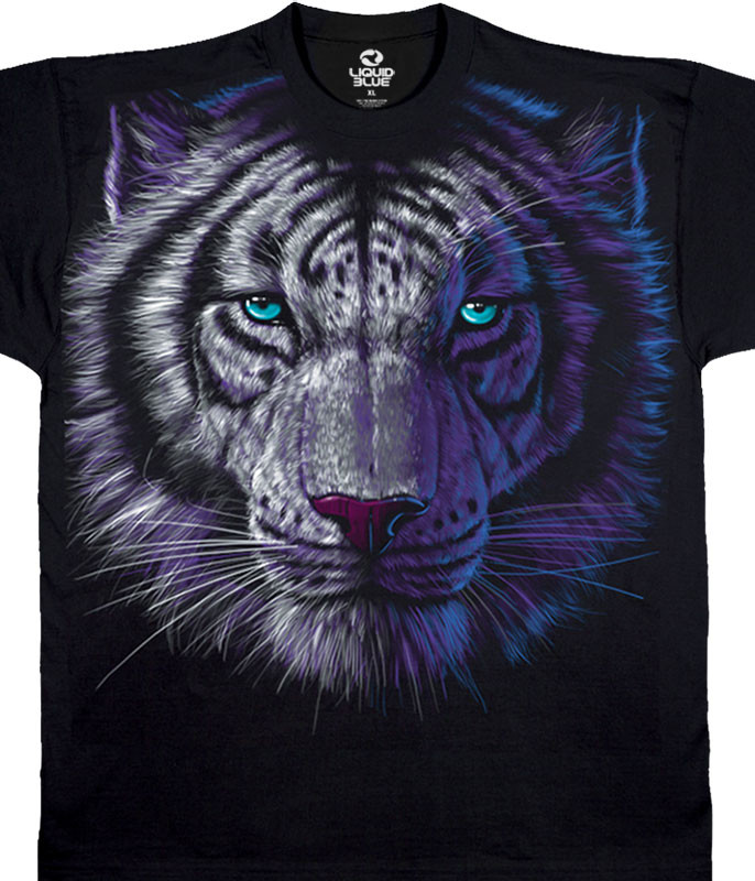 Exotic Wildlife White Tiger Black T-Shirt Tee Liquid Blue