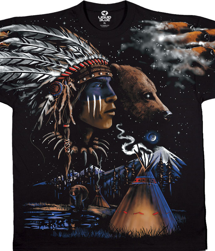 American West Indian Bear Black T-Shirt Tee Liquid Blue