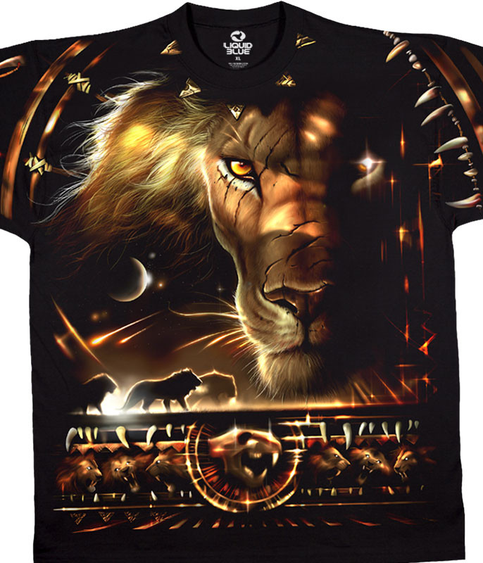 LGBcircusprintTshirtライオンTシャツy2kルグランブルーIF Exotic Wildlife Tribal Lion Black T-Shirt Tee Liquid Blue