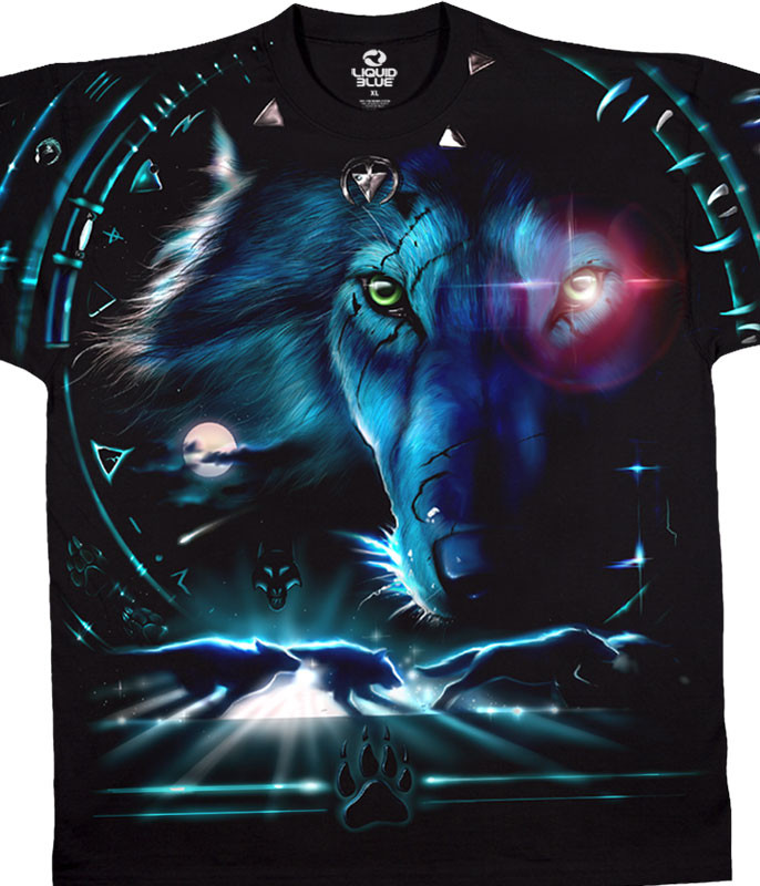 American Wildlife Tribal Wolf Black T-Shirt Tee Liquid Blue